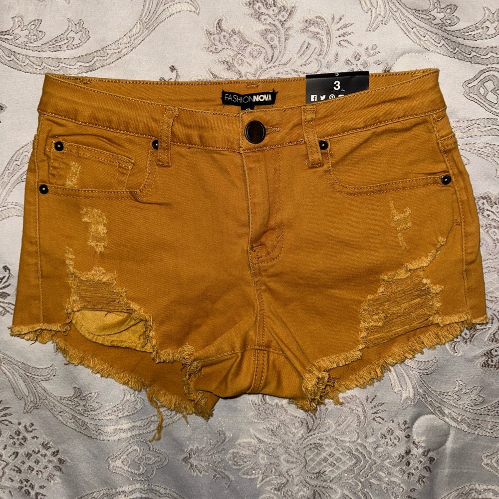 Fashion Nova Size 3 Mustard Distressed Denim Shorts